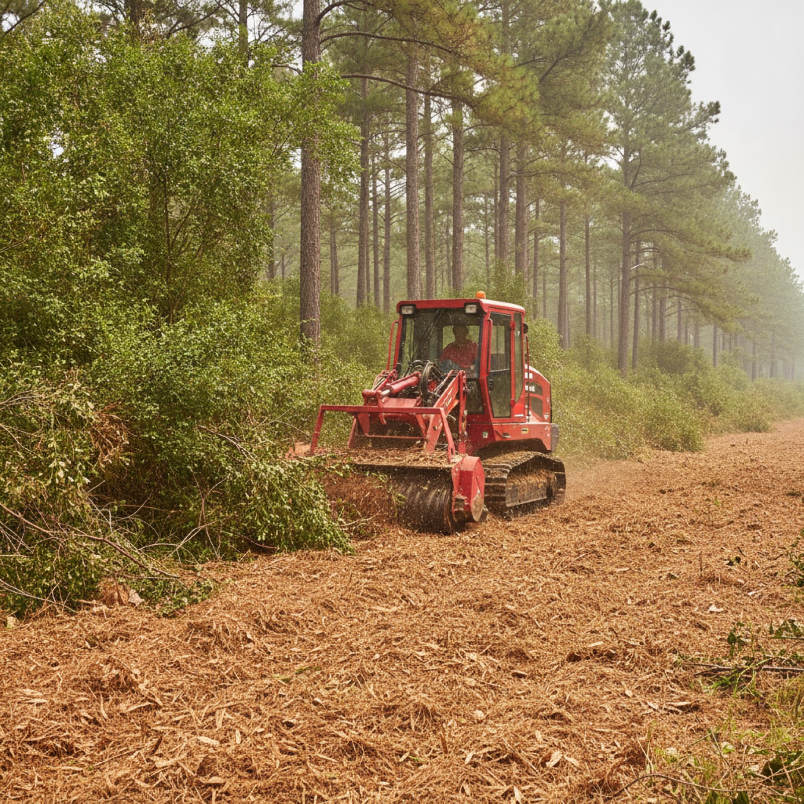 Forestry mulcher clearing loblolly pines and yaupon underbrush on an acreage lot in Conroe, TX